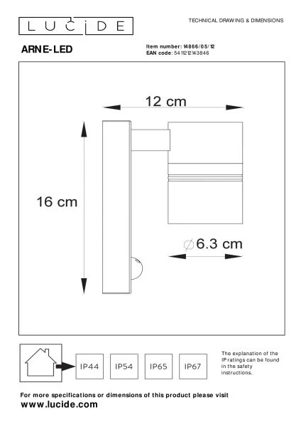 Lucide ARNE-LED IR - Wall spotlight / Wall light Indoor/Outdoor - Ø 6,3 cm - LED - GU10 - 1x5W 2700K - IP44 - Motion & Day/Night Sensor - Satin Chrome - technical